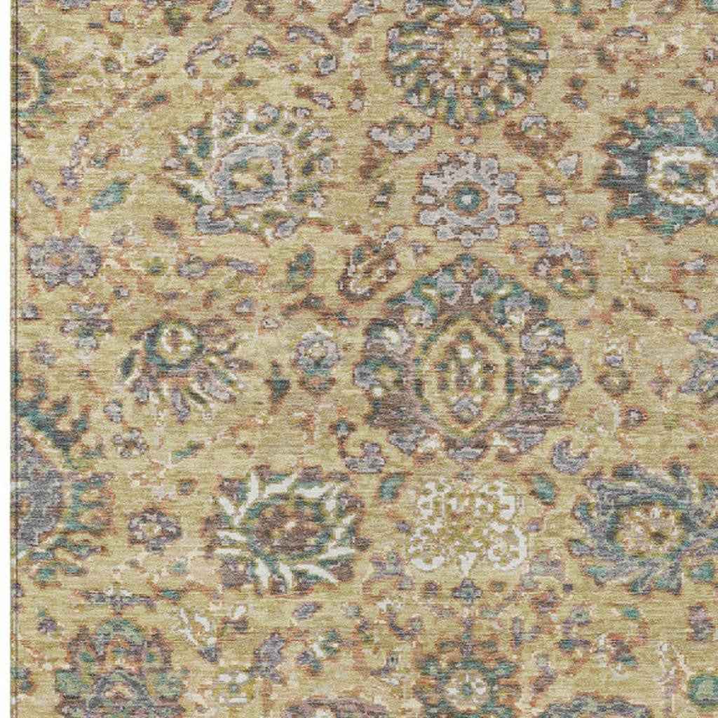 10' X 14' Gold Beige And Pale Aqua Floral Washable Indoor Outdoor Area Rug
