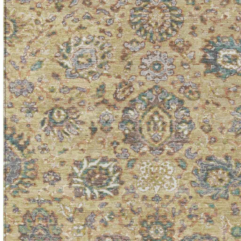 10' X 14' Gold Beige And Pale Aqua Floral Washable Indoor Outdoor Area Rug