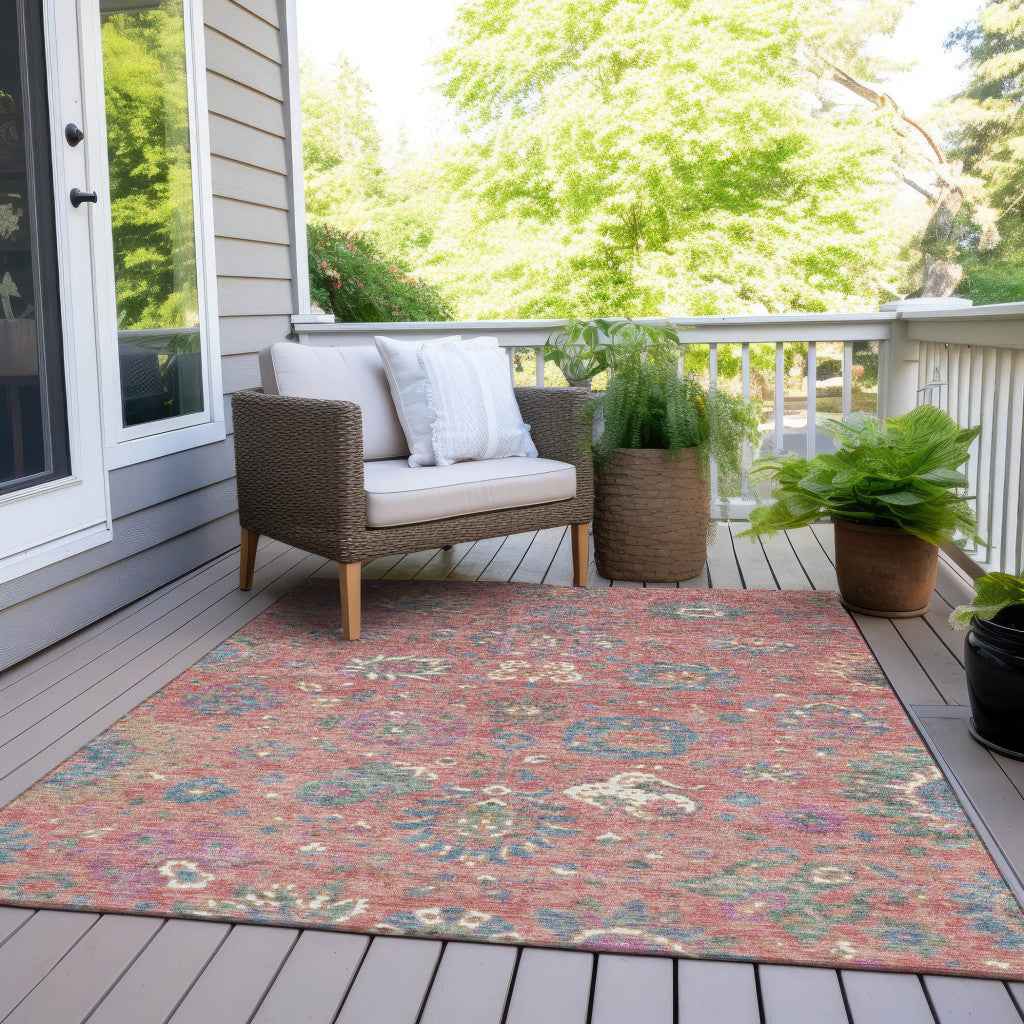 8' X 10' Coral Plum And Blue Floral Washable Indoor Outdoor Area Rug