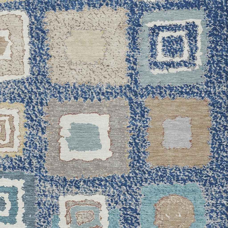 9' X 12' Navy Blue Beige And Ivory Geometric Washable Indoor Outdoor Area Rug