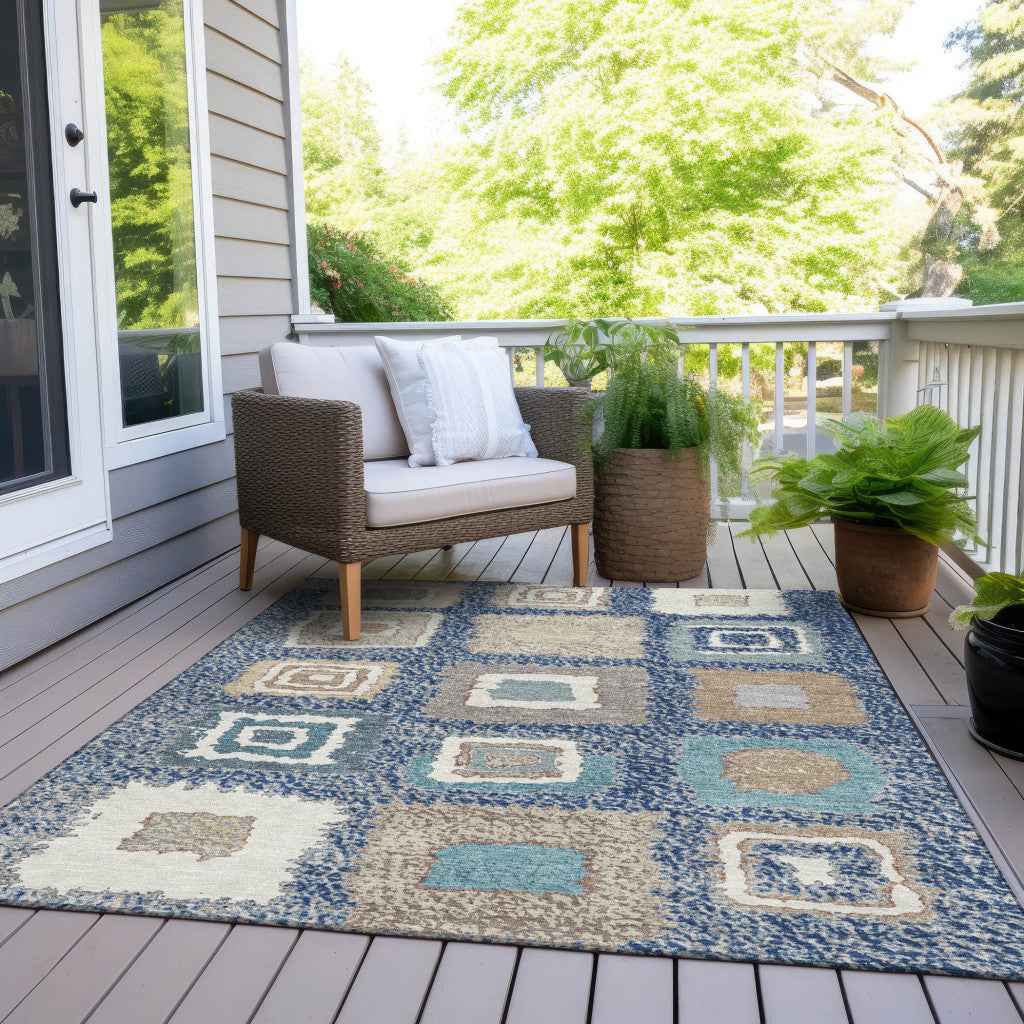 9' X 12' Navy Blue Beige And Ivory Geometric Washable Indoor Outdoor Area Rug