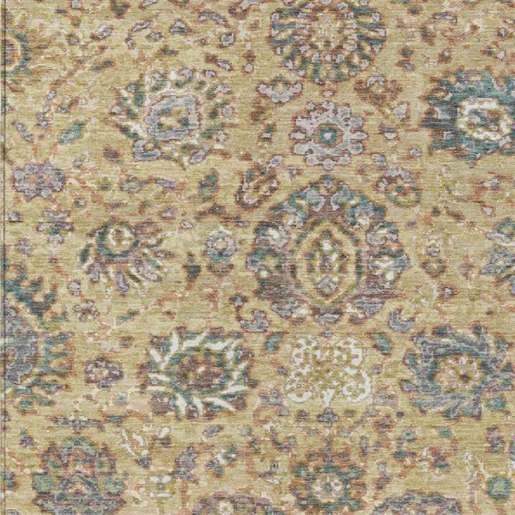 3' X 5' Gold Beige And Pale Aqua Floral Washable Indoor Outdoor Area Rug