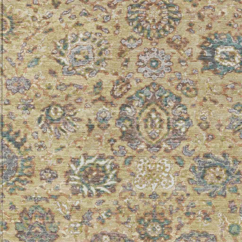 3' X 5' Gold Beige And Pale Aqua Floral Washable Indoor Outdoor Area Rug