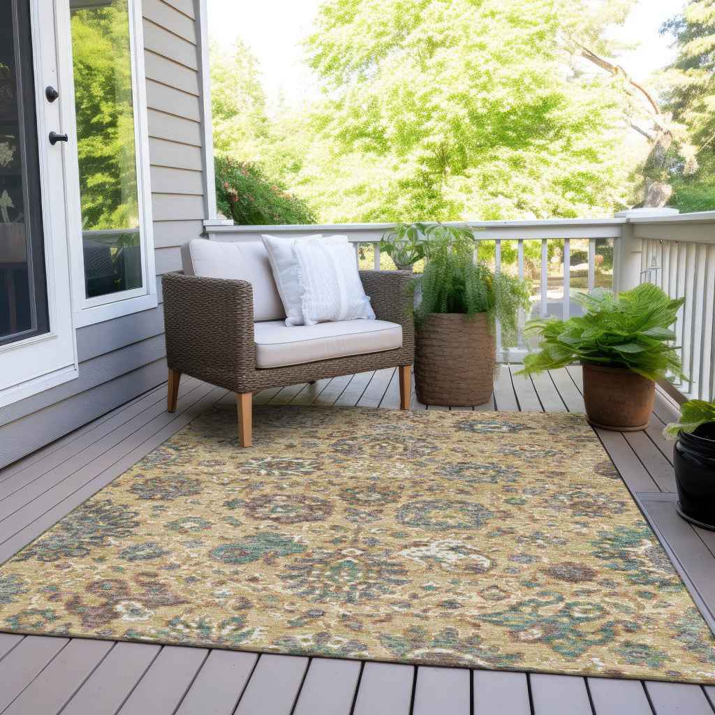 3' X 5' Gold Beige And Pale Aqua Floral Washable Indoor Outdoor Area Rug