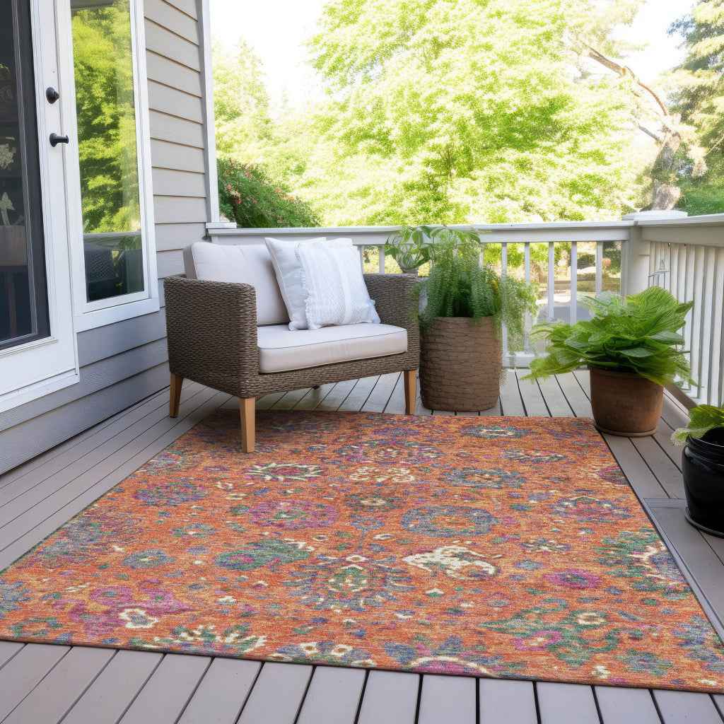 8' X 10' Orange Blue And Pink Floral Washable Indoor Outdoor Area Rug