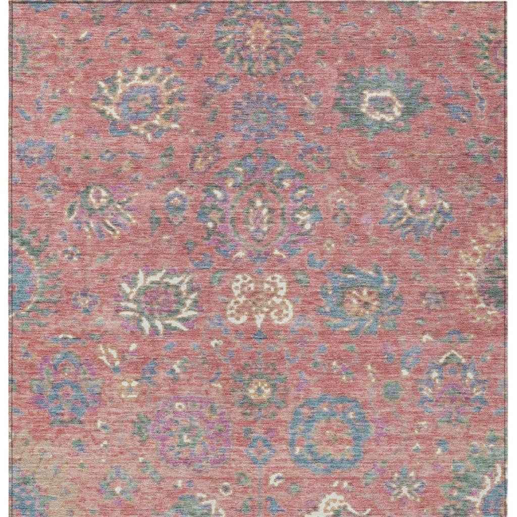 10' X 14' Coral Plum And Blue Floral Washable Indoor Outdoor Area Rug