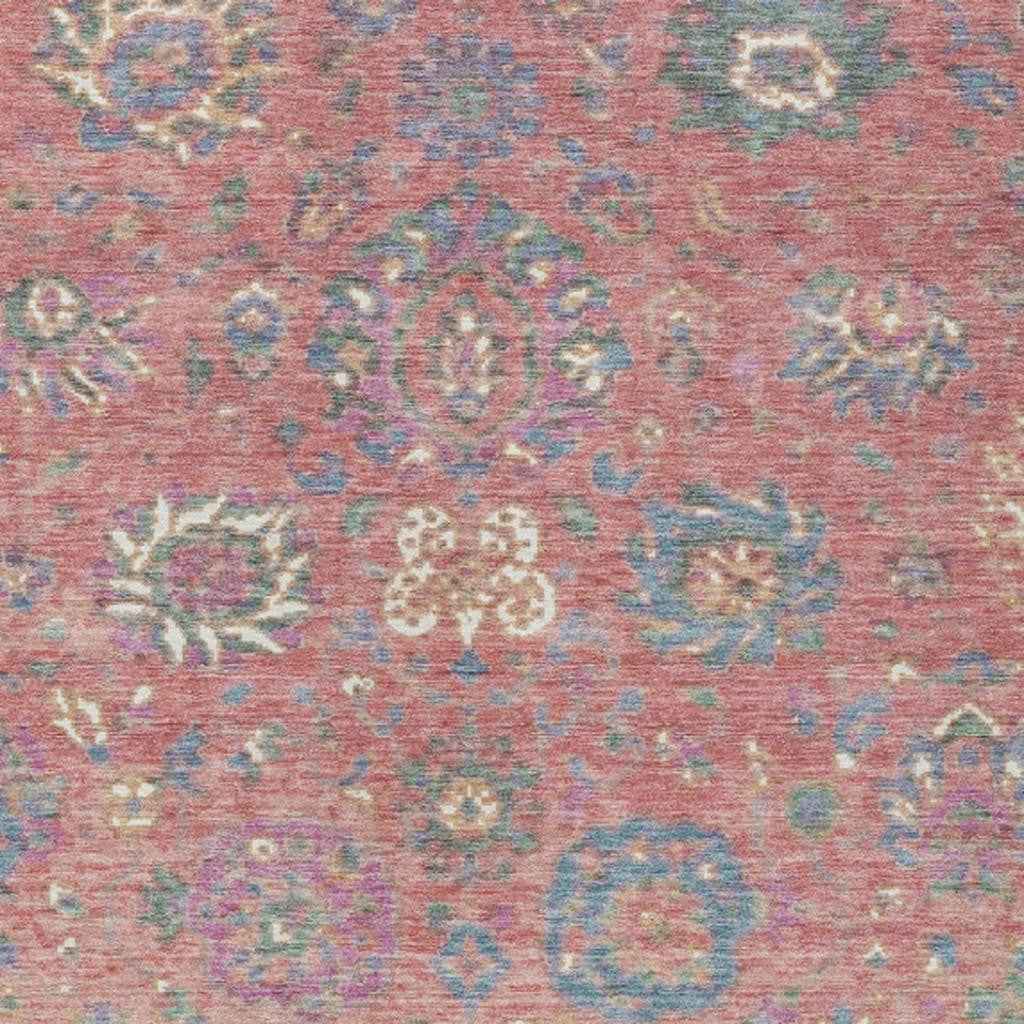 10' X 14' Coral Plum And Blue Floral Washable Indoor Outdoor Area Rug