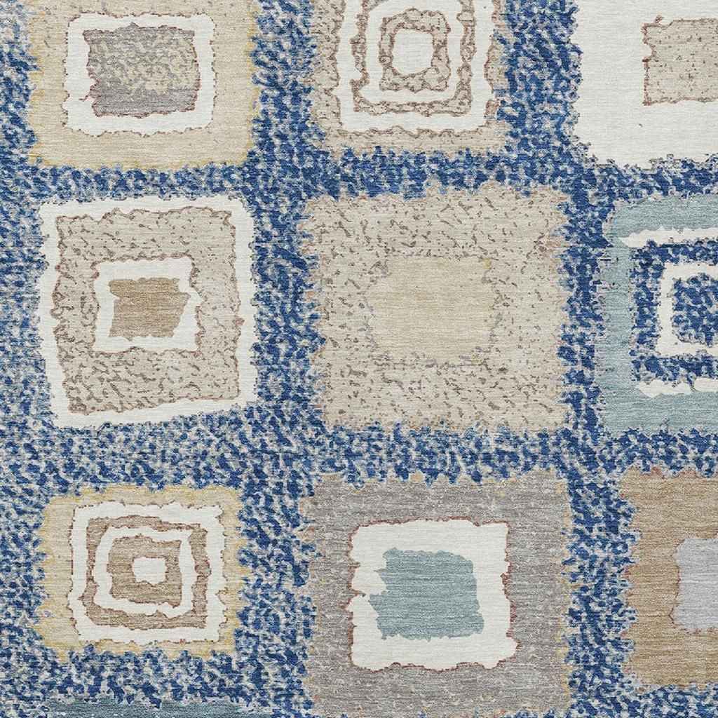 8' X 10' Navy Blue Beige And Ivory Geometric Washable Indoor Outdoor Area Rug