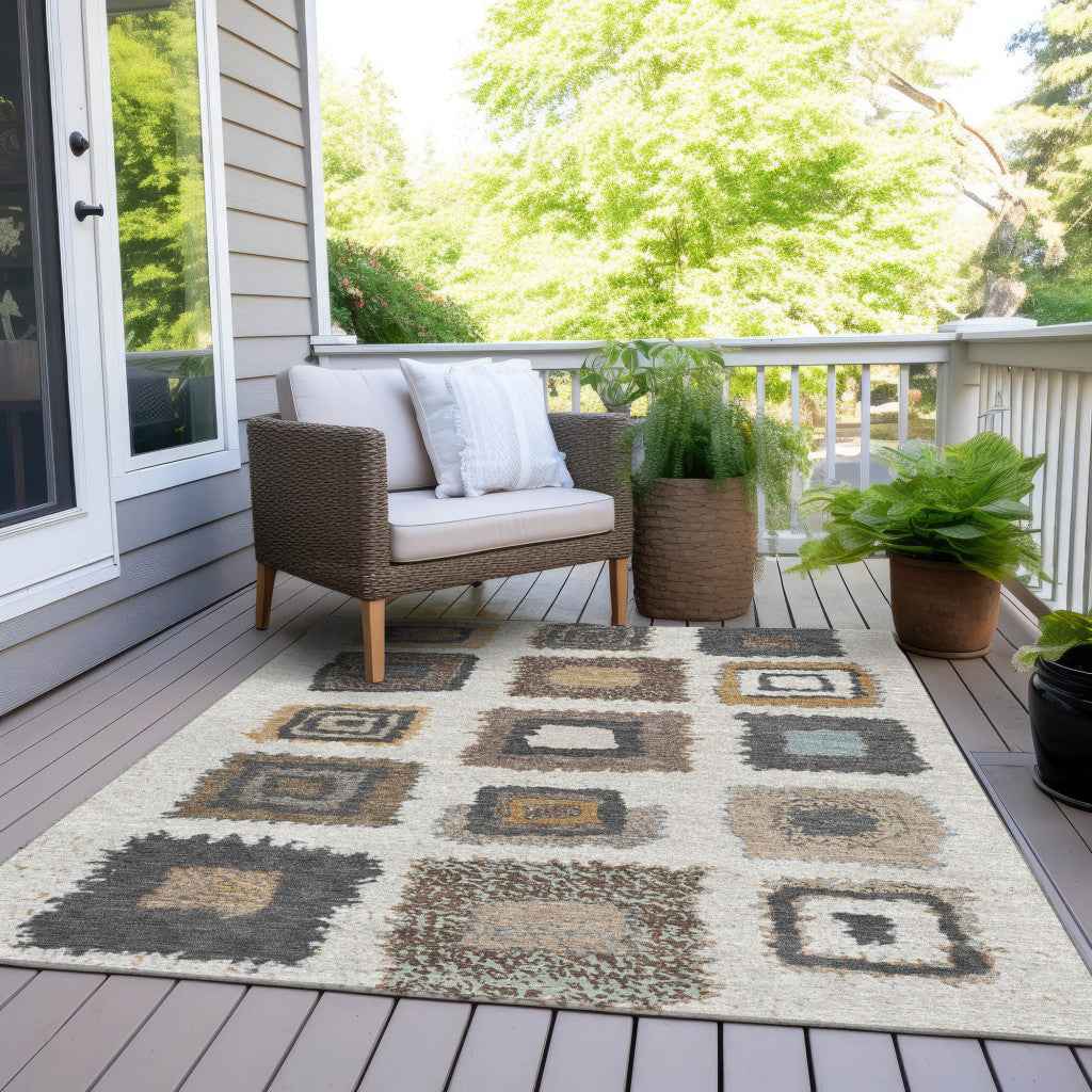 8' X 10' Ivory Charcoal And Gold Geometric Washable Indoor Outdoor Area Rug
