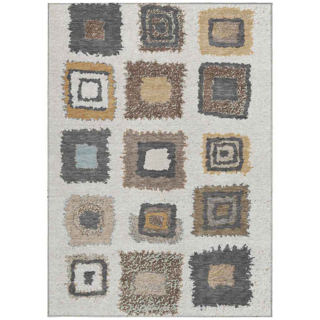 8' X 10' Ivory Charcoal And Gold Geometric Washable Indoor Outdoor Area Rug