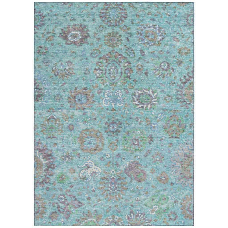 8' X 10' Teal Blue Taupe And Ivory Floral Washable Indoor Outdoor Area Rug