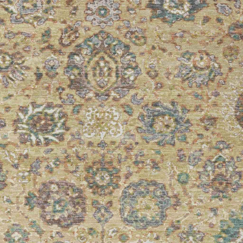 5' X 8' Gold Beige And Pale Aqua Floral Washable Indoor Outdoor Area Rug