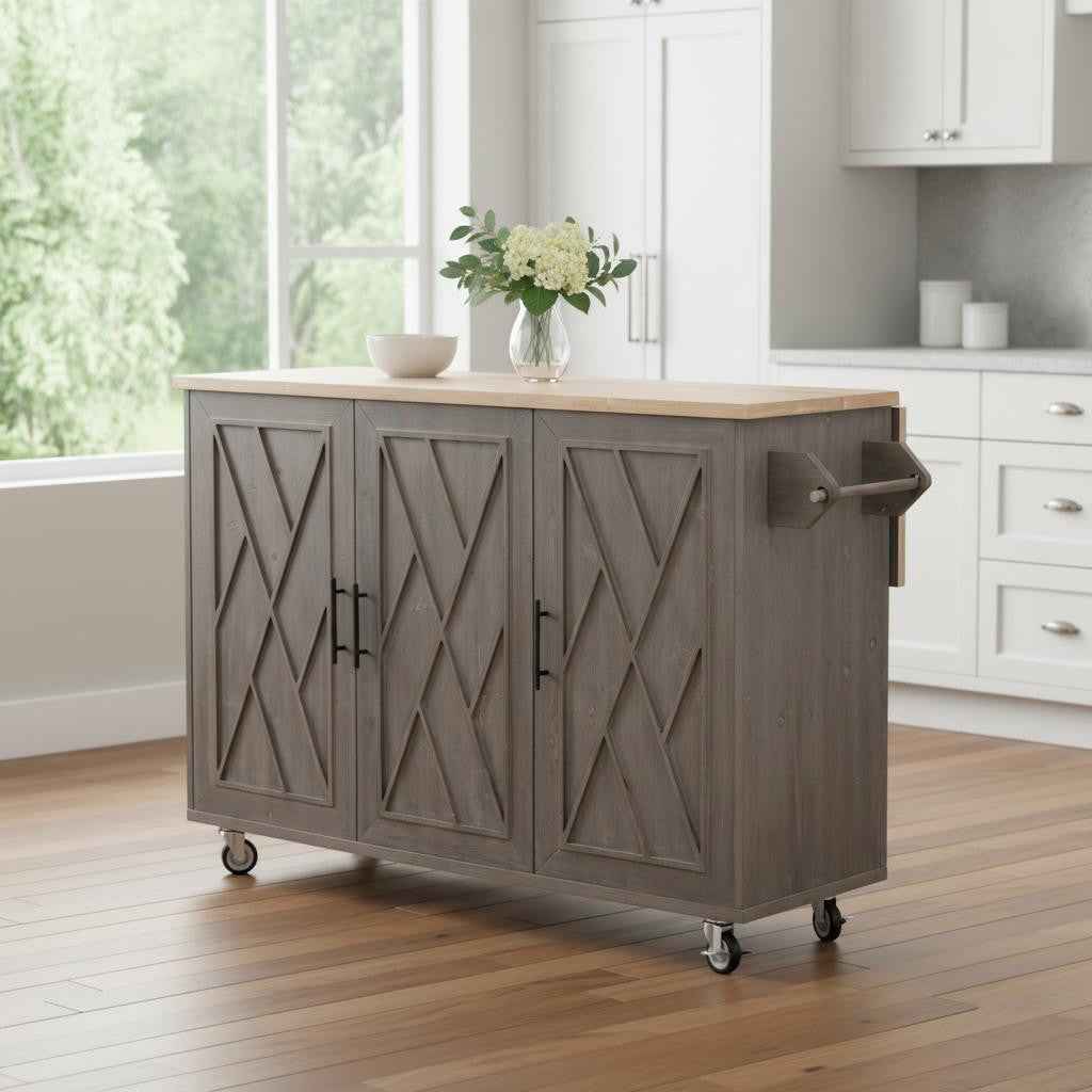 51" Brown Wood Rolling Kitchen Island