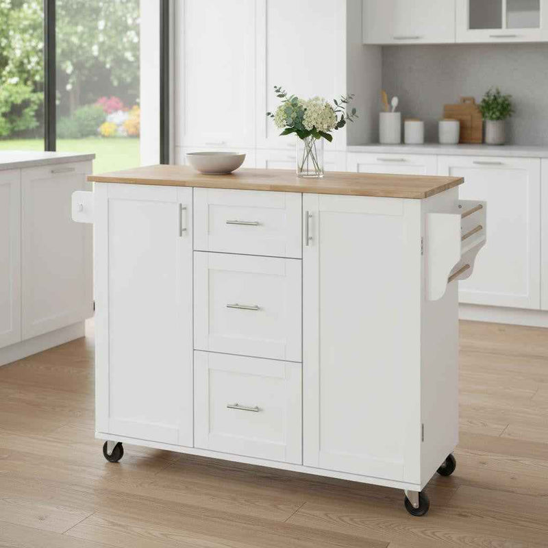 50" White Wood Rolling Kitchen Island