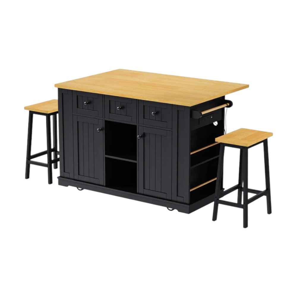 53" Black Wood Rolling Kitchen Island Set With Storage