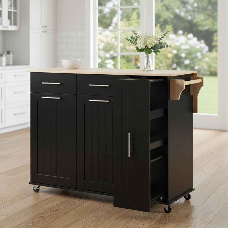 46" Black Wood Rolling Kitchen Island With Storage