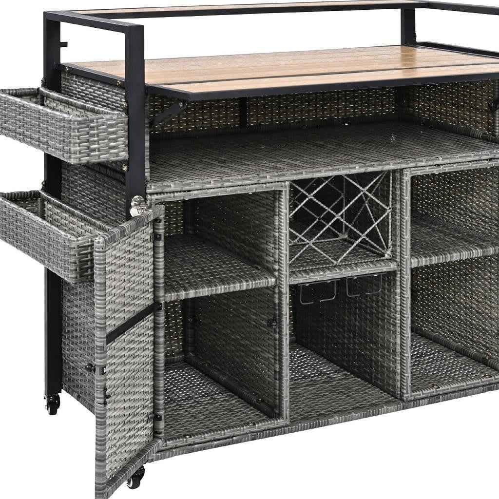 53" Gray Wood and Metal Rolling Kitchen Island With Storage