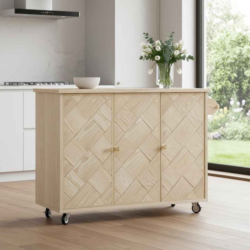 51" Natural Wood Rolling Kitchen Island