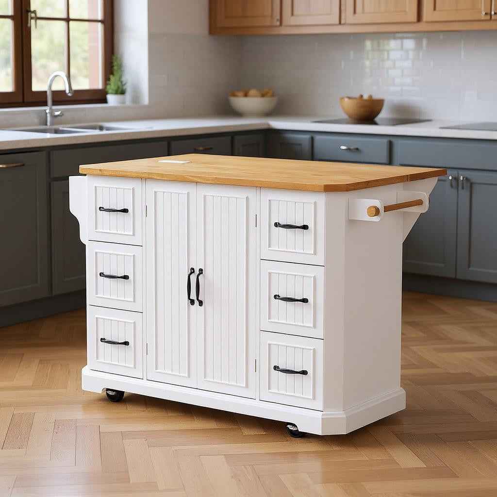 56" White Wood Rolling Kitchen Island