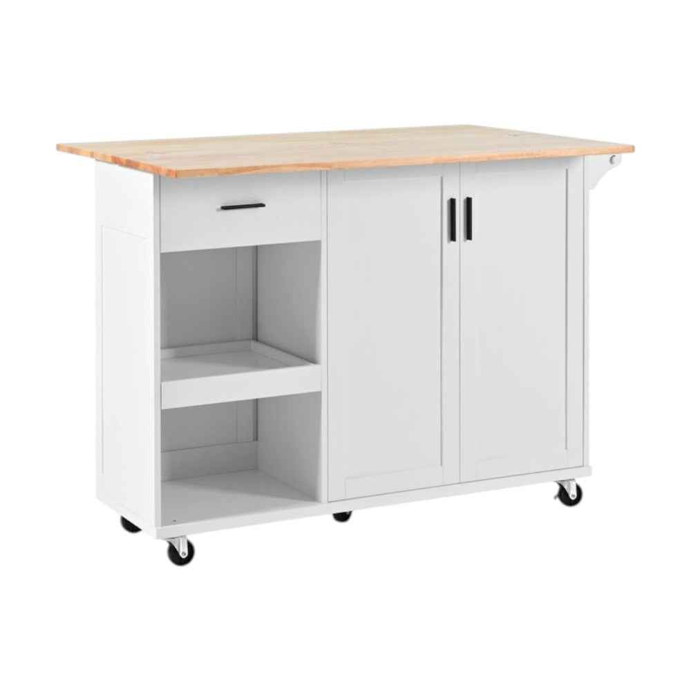 49" White Wood Rolling Kitchen Island With Storage