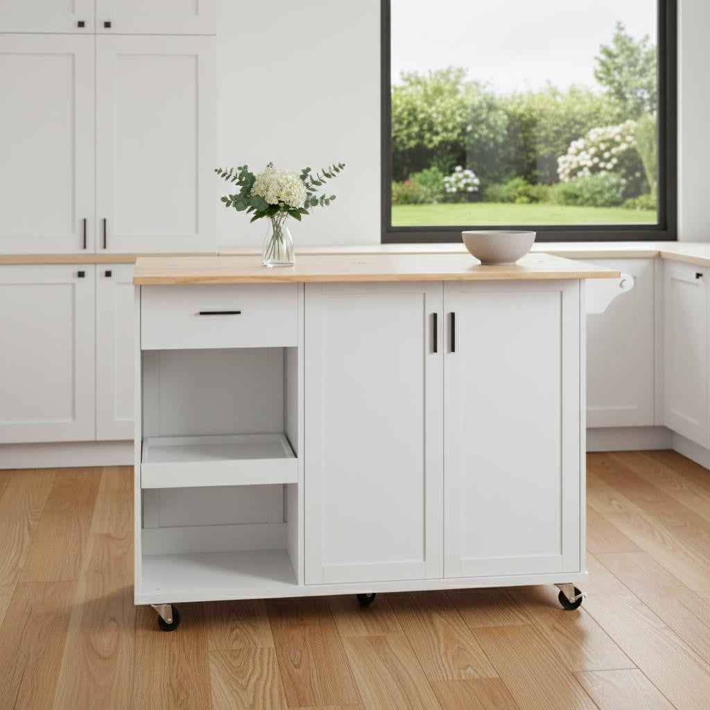 49" White Wood Rolling Kitchen Island With Storage