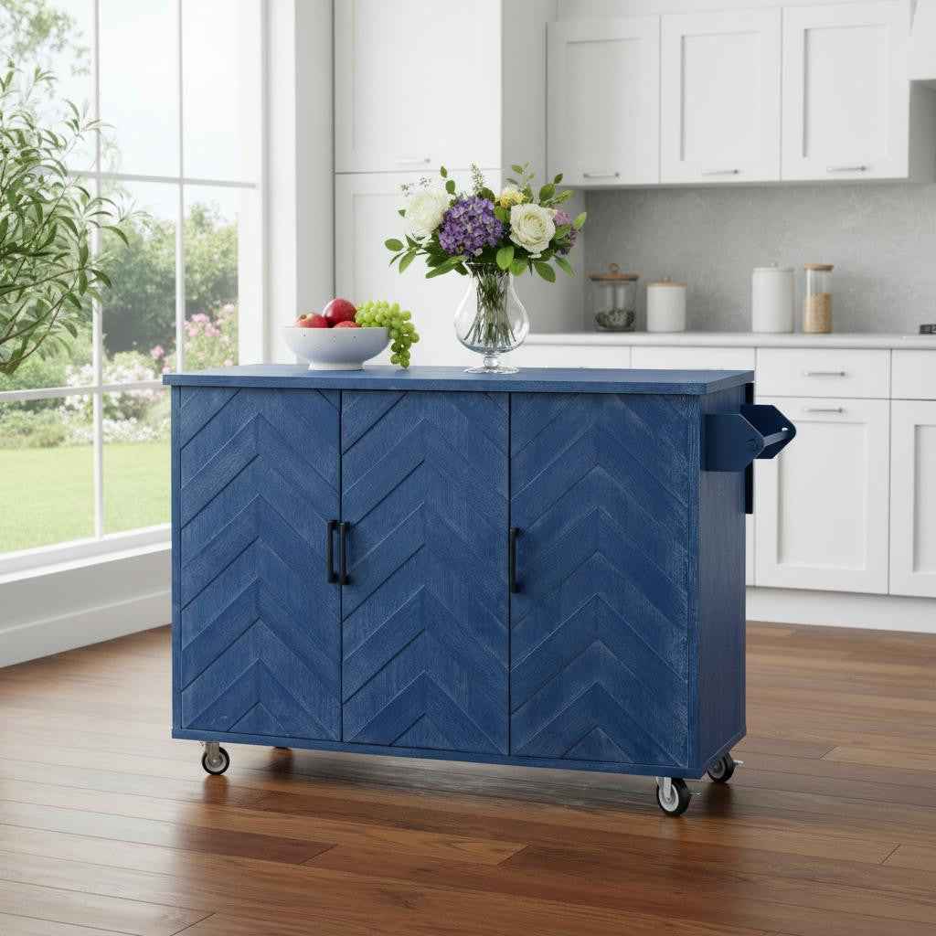 51" Blue Wood Rolling Kitchen Island