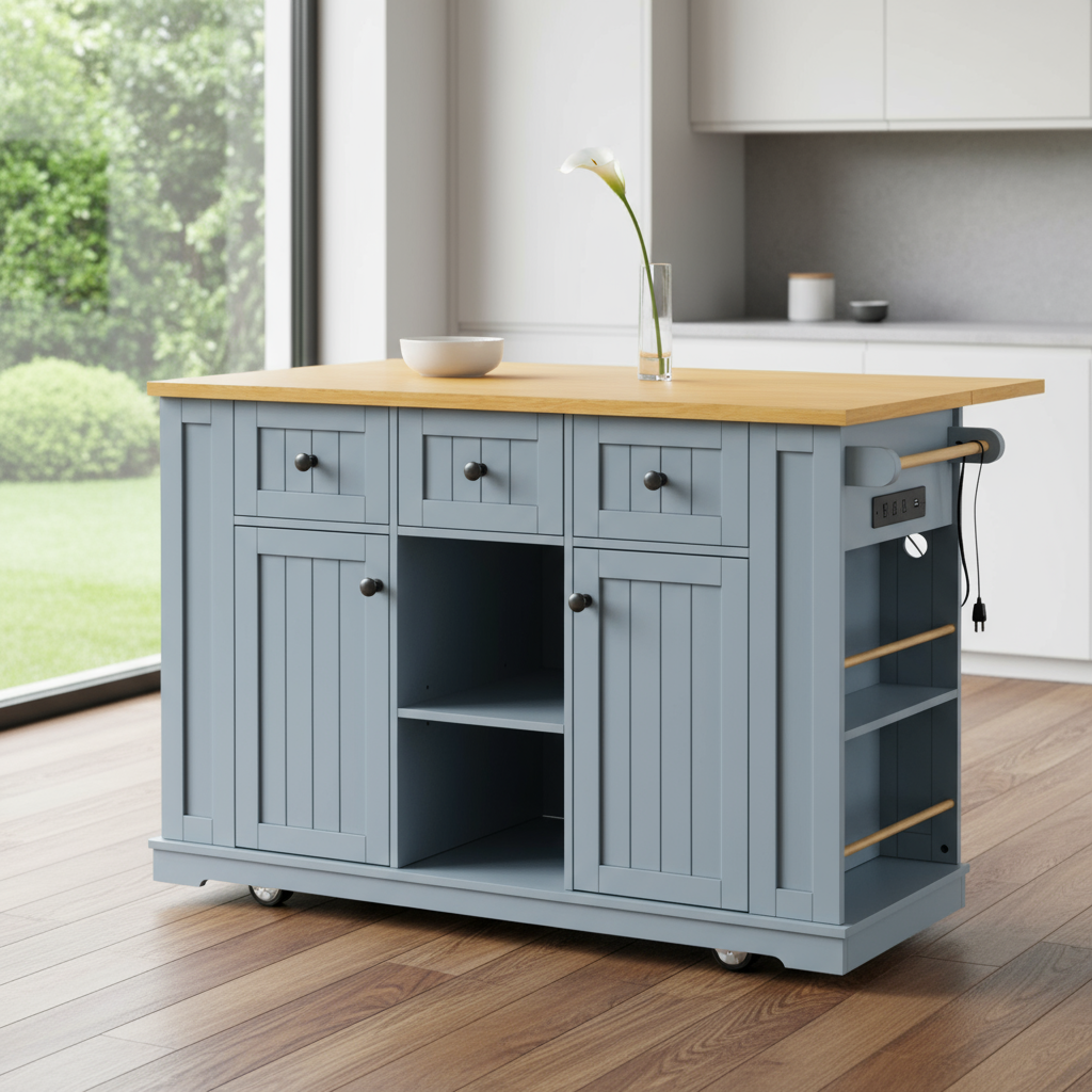 53" Light Blue Wood Rolling Kitchen Island Set With Storage - GreatEagleInc