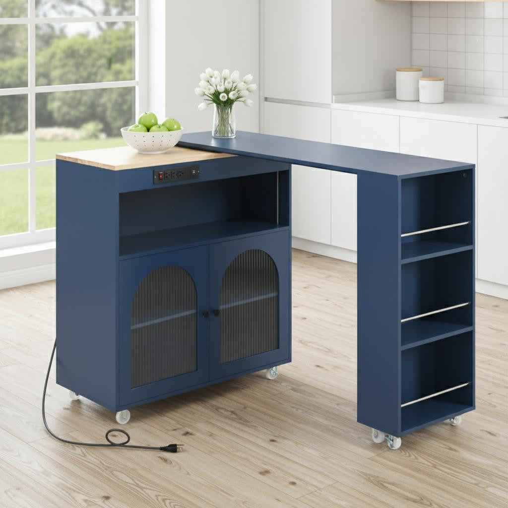 33" Navy Blue Wood Rolling Kitchen Island With Storage