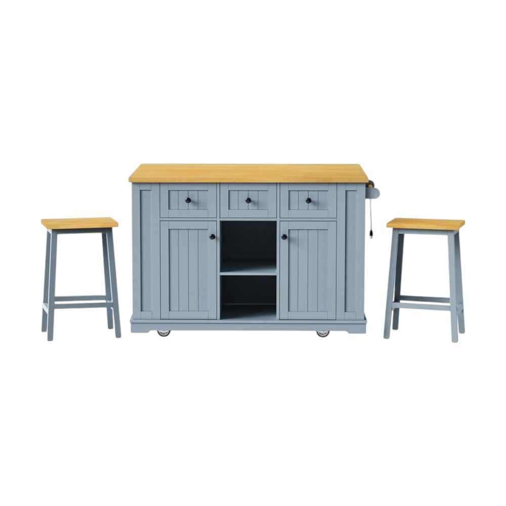 53" Light Blue Wood Rolling Kitchen Island Set With Storage