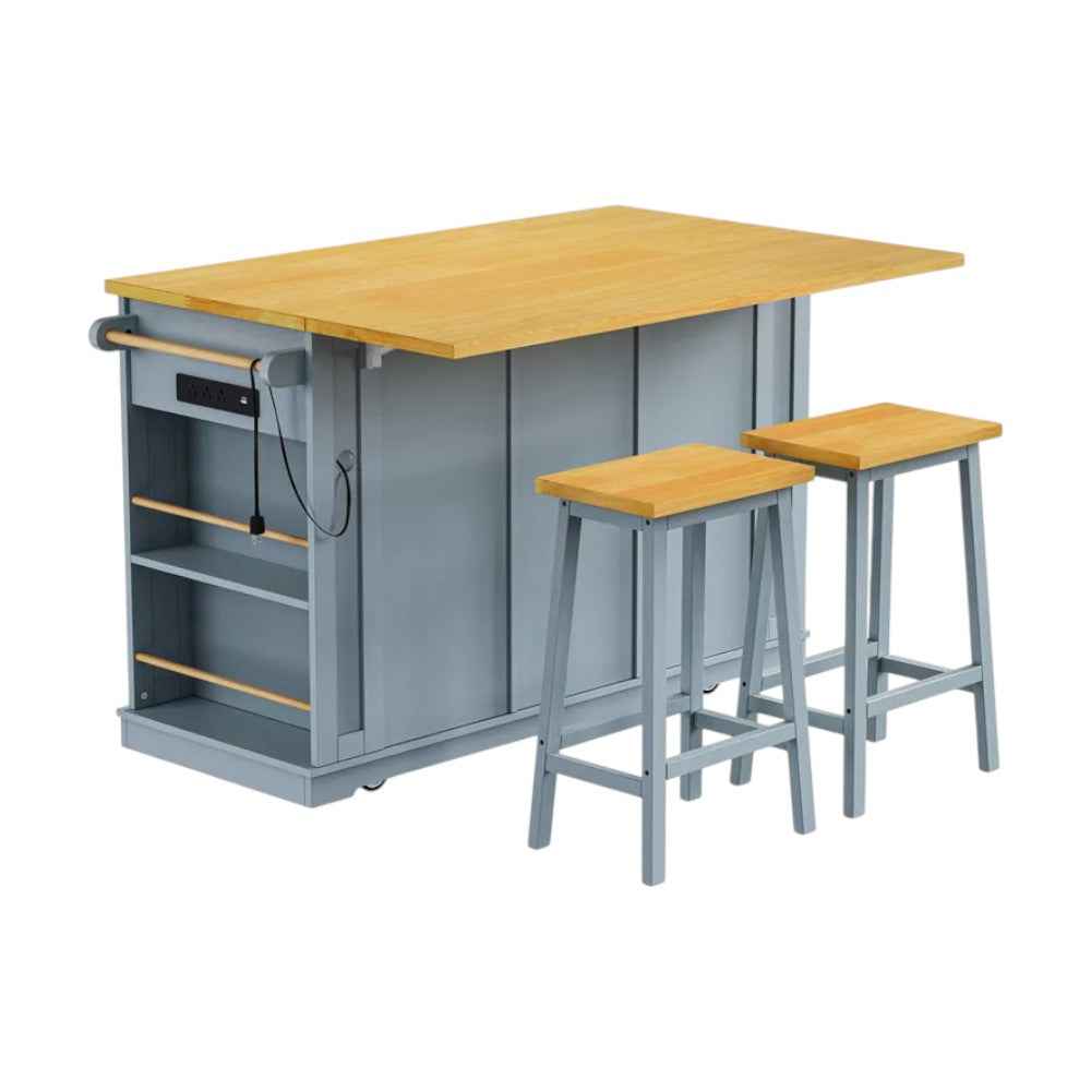 53" Light Blue Wood Rolling Kitchen Island Set With Storage
