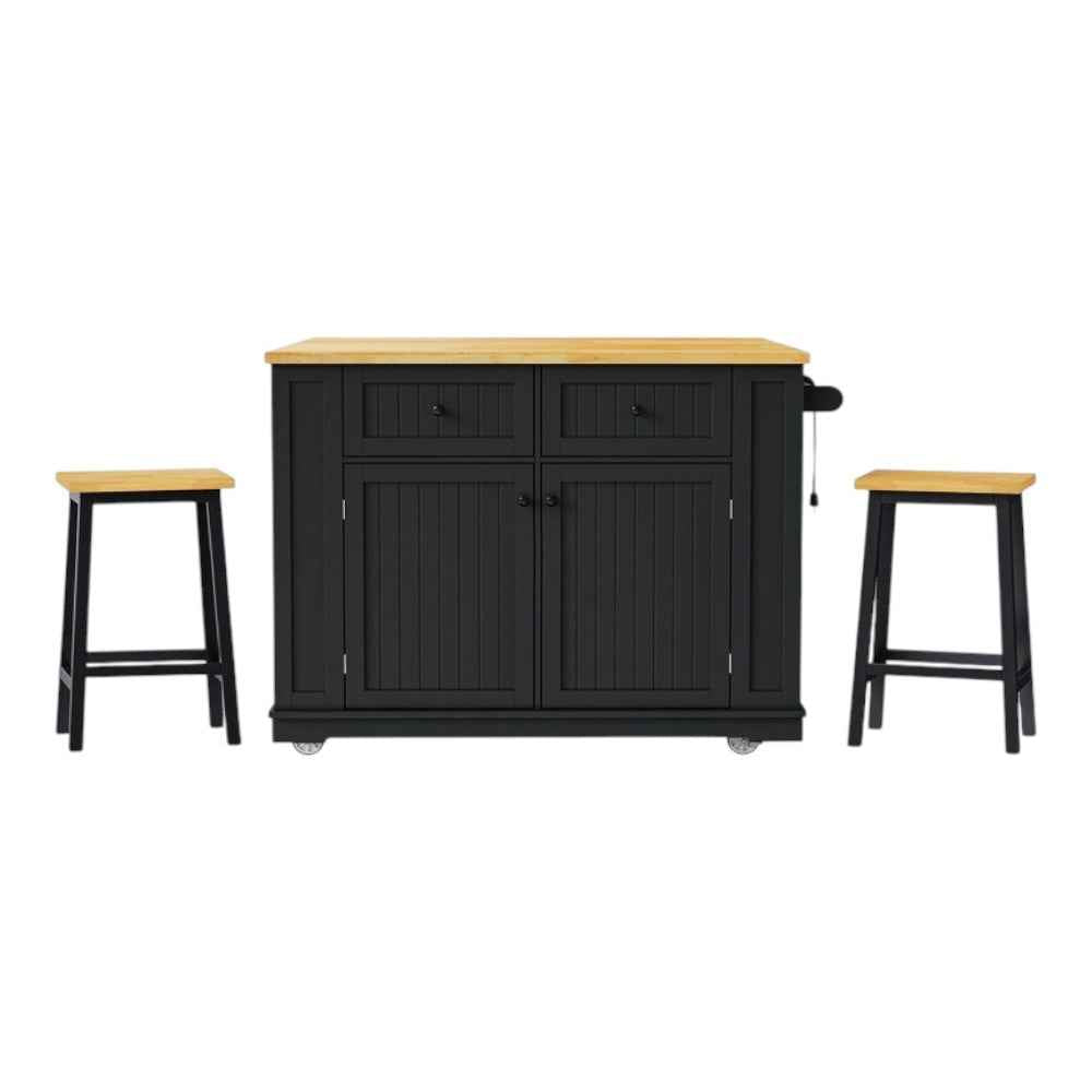 45" Black Wood Rolling Kitchen Island Set With Storage