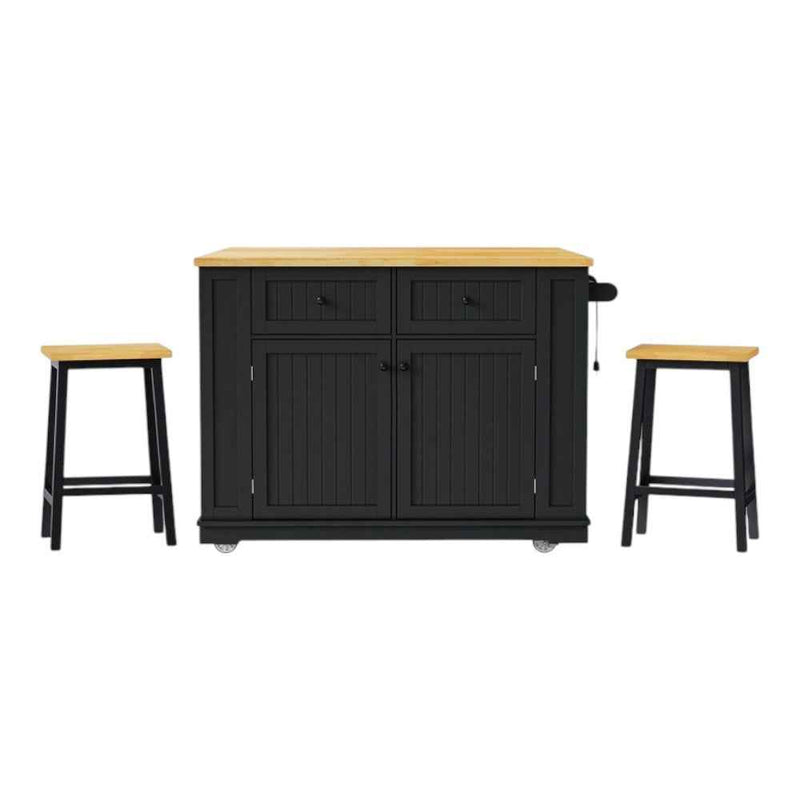 45" Black Wood Rolling Kitchen Island Set With Storage