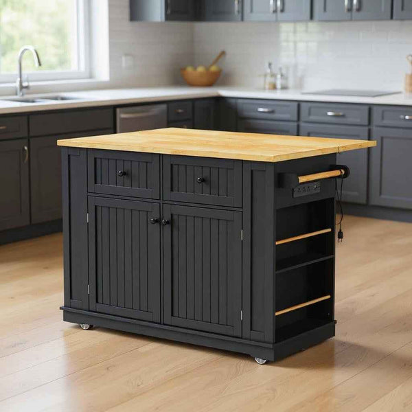 48" Black Wood Rolling Kitchen Island With Storage