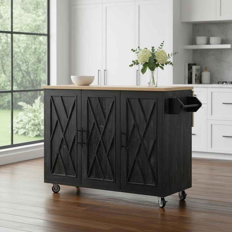 51" Black Wood Rolling Kitchen Island