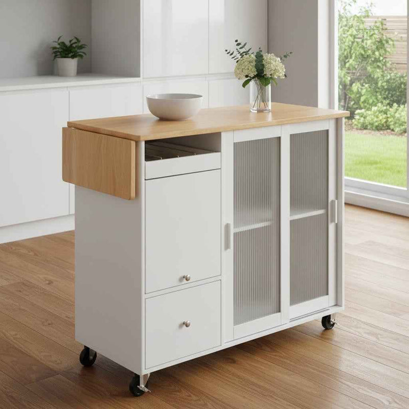 44" White Wood Rolling Kitchen Island With Storage