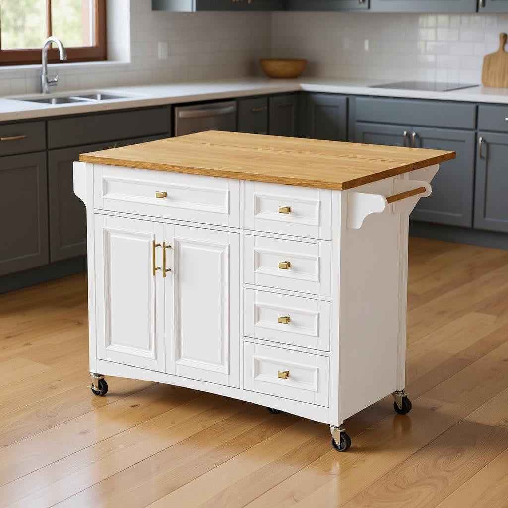 52" White Wood Rolling Kitchen Island