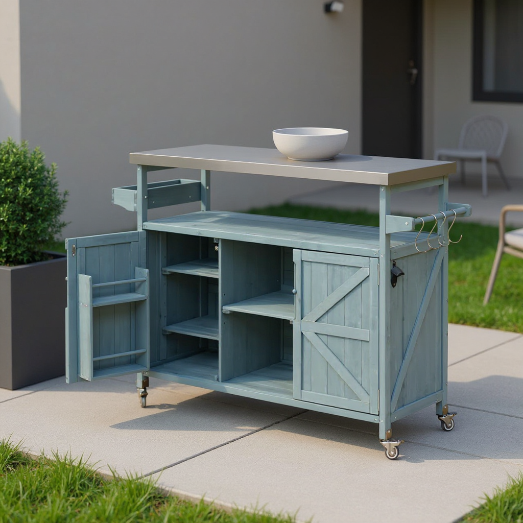 50" Light Blue Wood Rolling Kitchen Island With Storage - GreatEagleInc