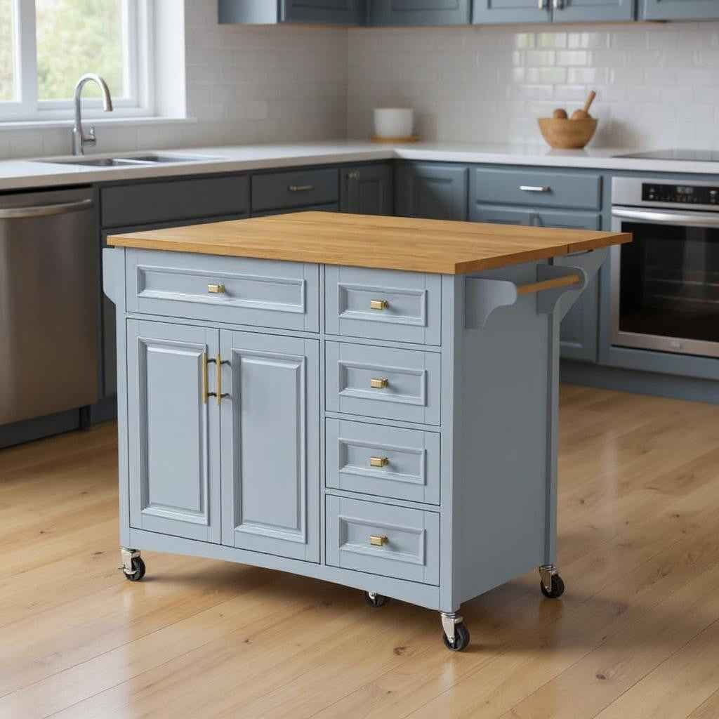 52" Light Blue Wood Rolling Kitchen Island