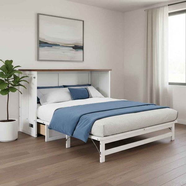 White Wood Queen Murphy Bed With USB And Drawer