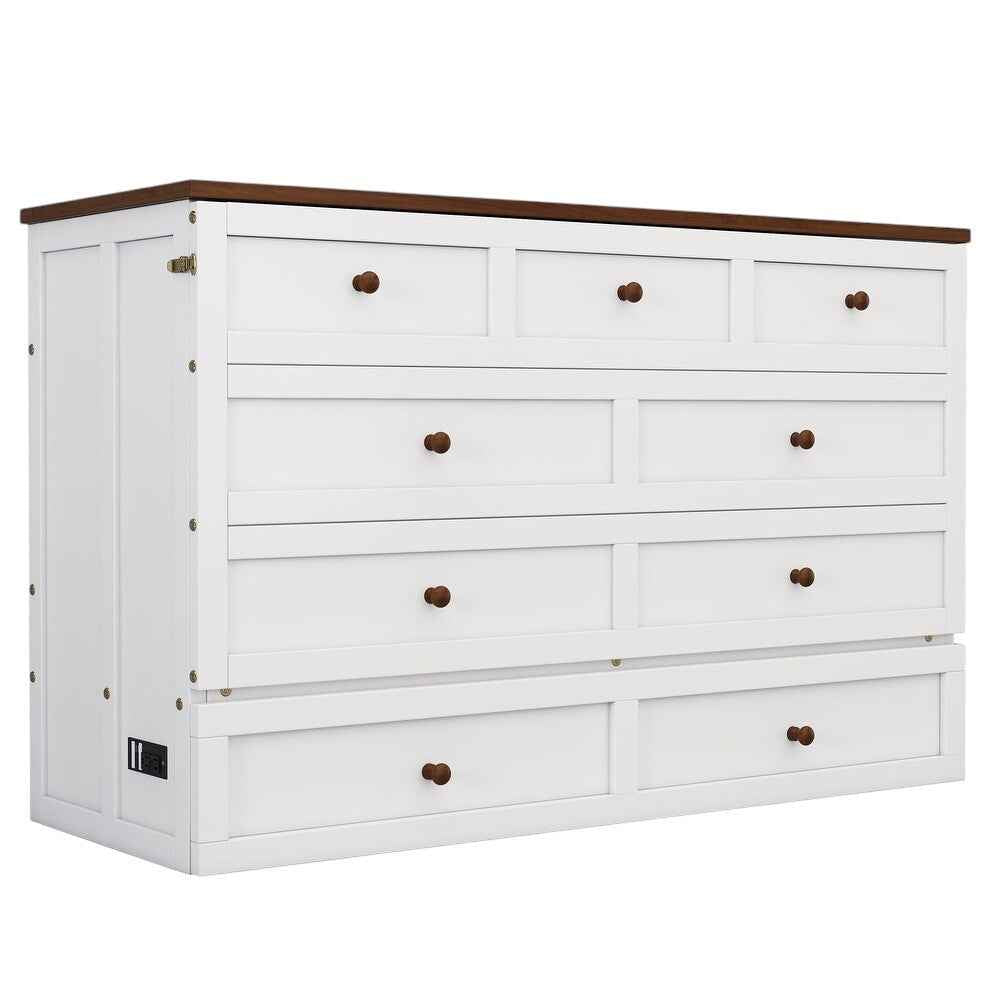 White Wood Queen Murphy Bed With USB And Drawer