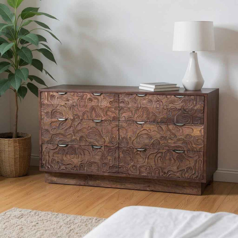 57" Brown Carved Abstract Solid Wood Six Drawer Dresser