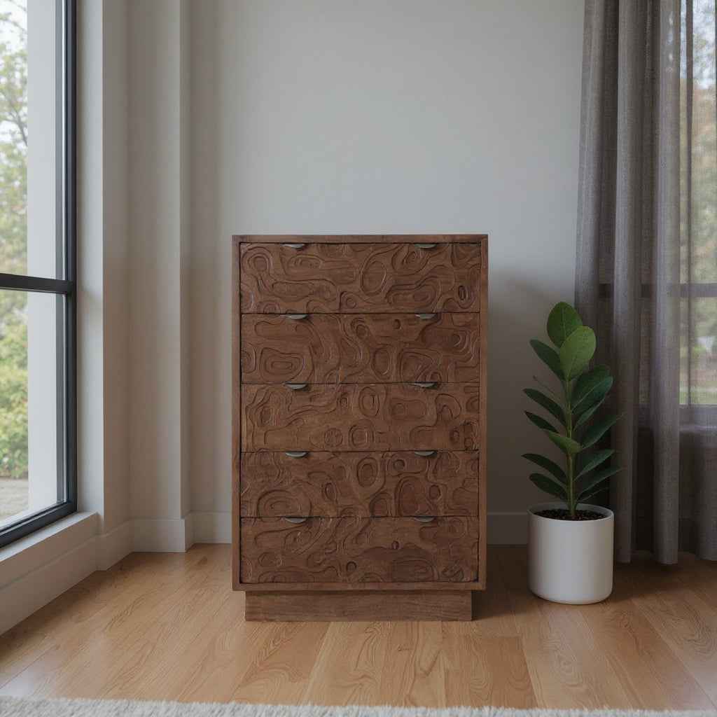 35" Brown Carved Abstract Solid Wood Five Drawer Dresser