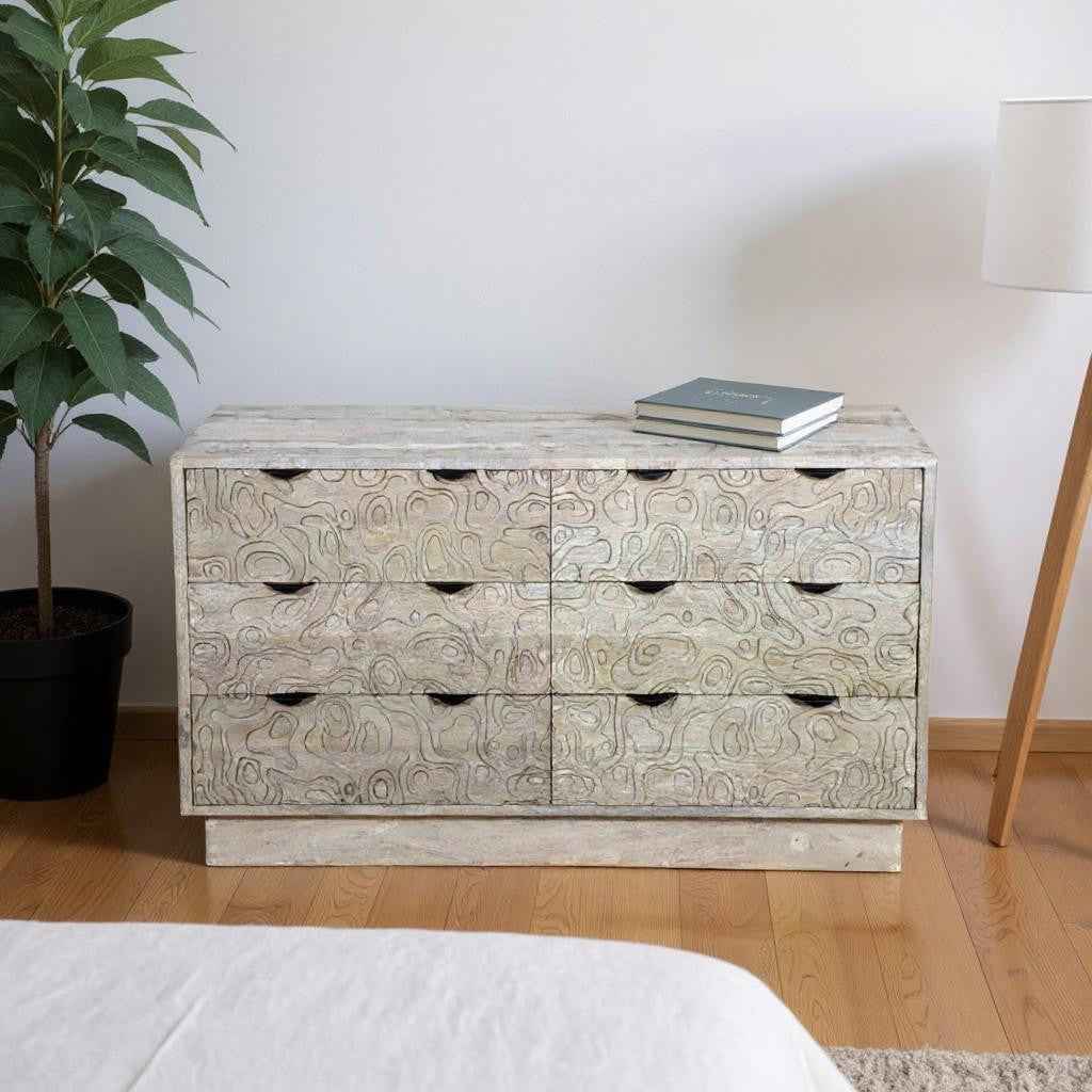 57" Gray Carved Geometric Solid Wood Six Drawer Dresser