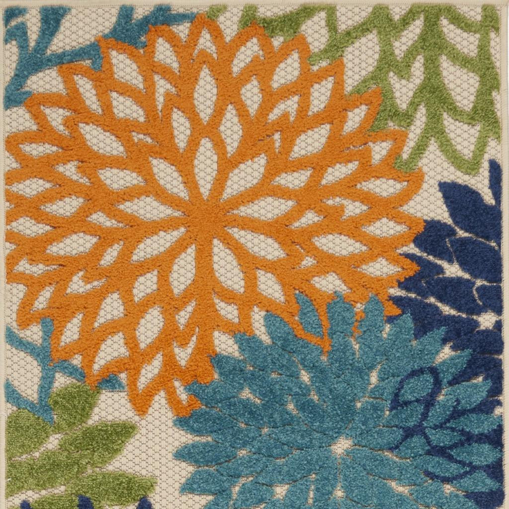 12' Ivory And Blue Floral Indoor Outdoor Runner Rug - Outdoor