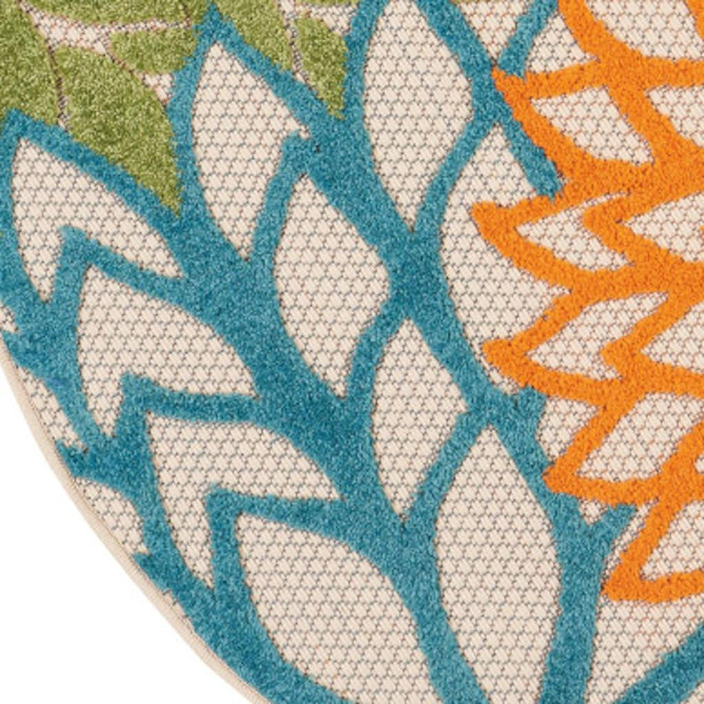 4' Ivory And Blue Round Indoor Outdoor Area Rug - Outdoor