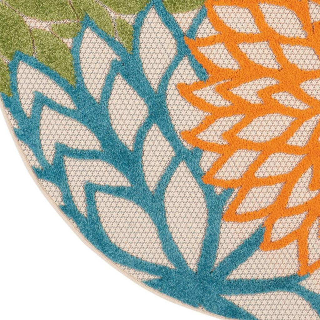 4' Ivory And Blue Round Indoor Outdoor Area Rug - Outdoor