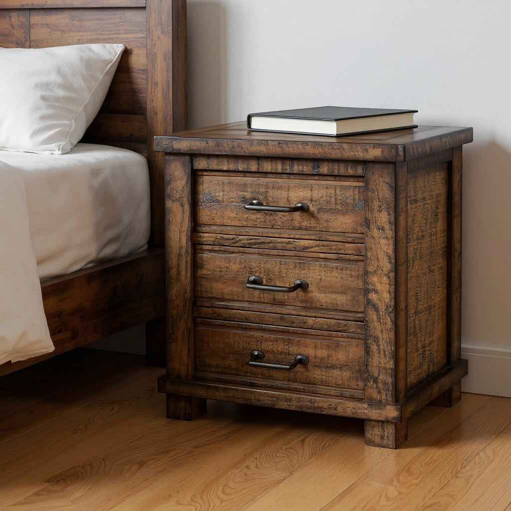 26" Walnut Wood Distressed Three Drawer Nightstand