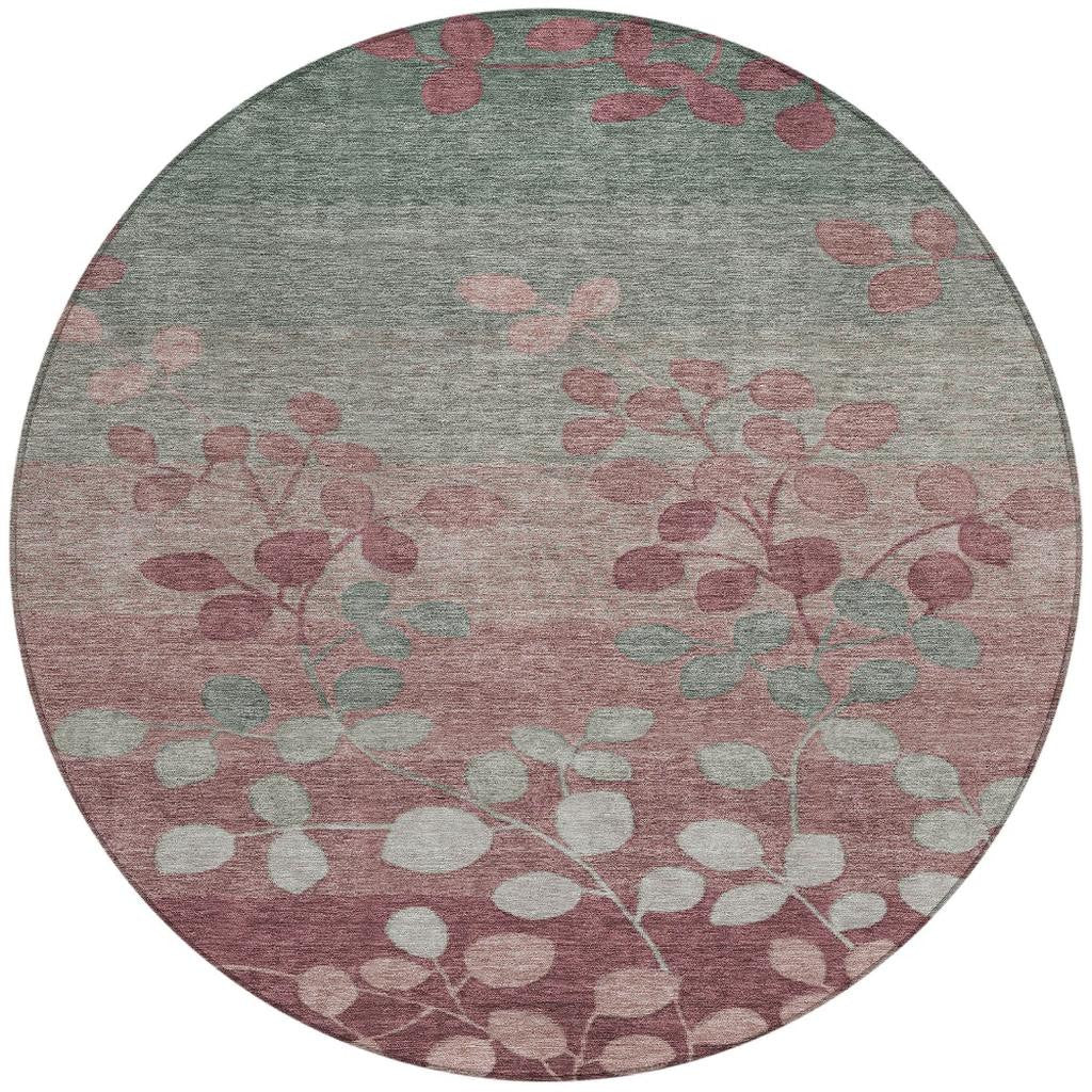 8' Blush And Emerald Round Floral Washable Indoor Outdoor Area Rug