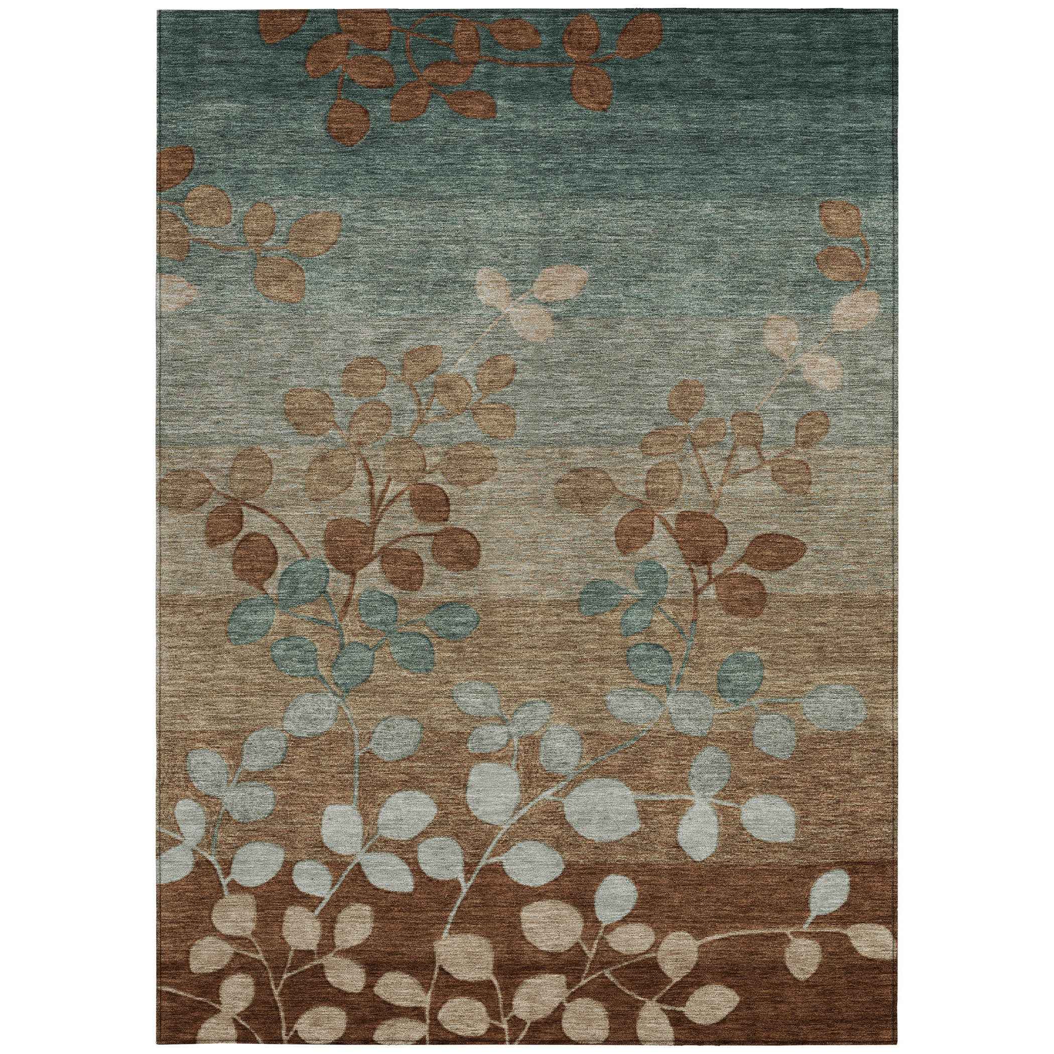 8' X 10' Brown And Teal Blue Floral Washable Indoor Outdoor Area Rug