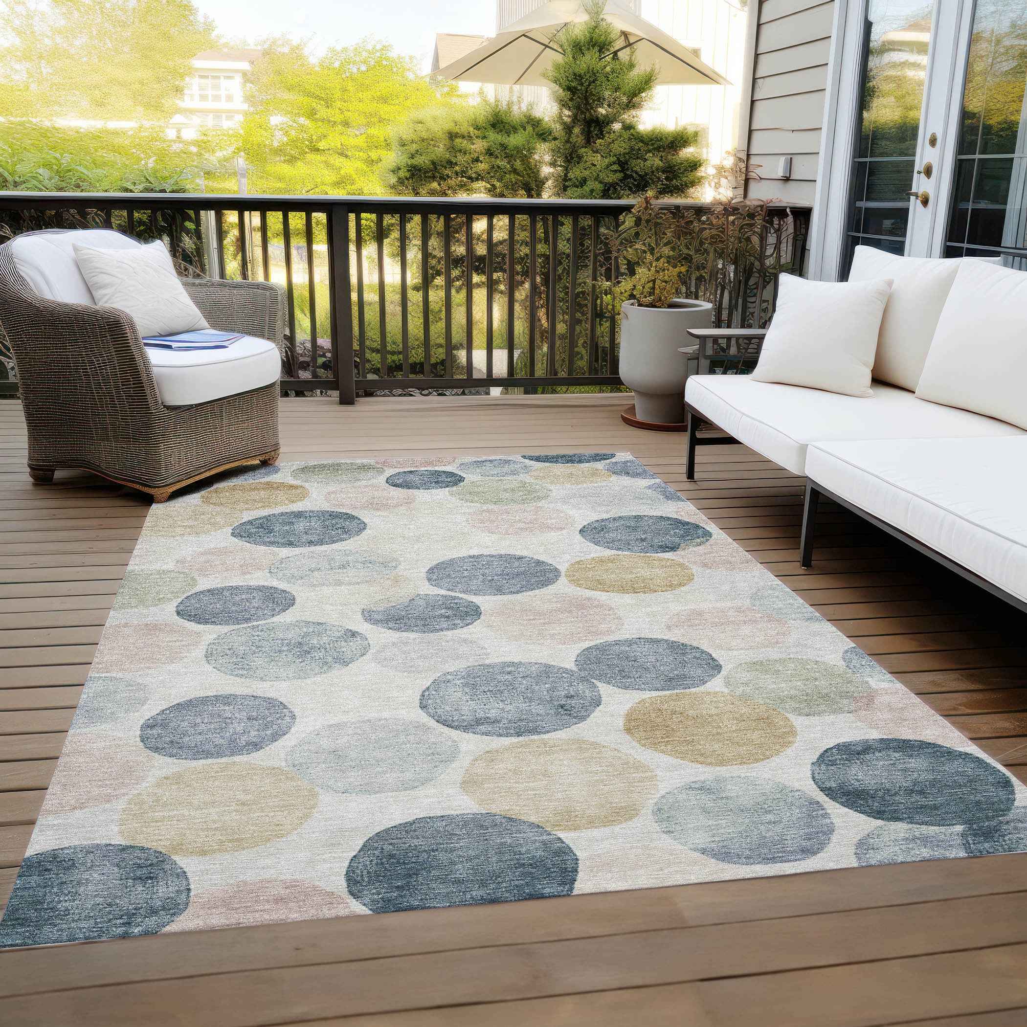 9' X 12' Beige Navy Blue And Gold Geometric Washable Indoor Outdoor Area Rug